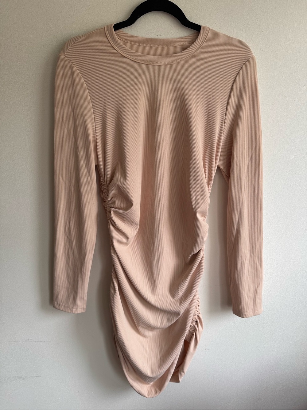 Women’s Apricot Ribbed Ruched Bodycon Mini Dress XL Long Sleeve Stretch